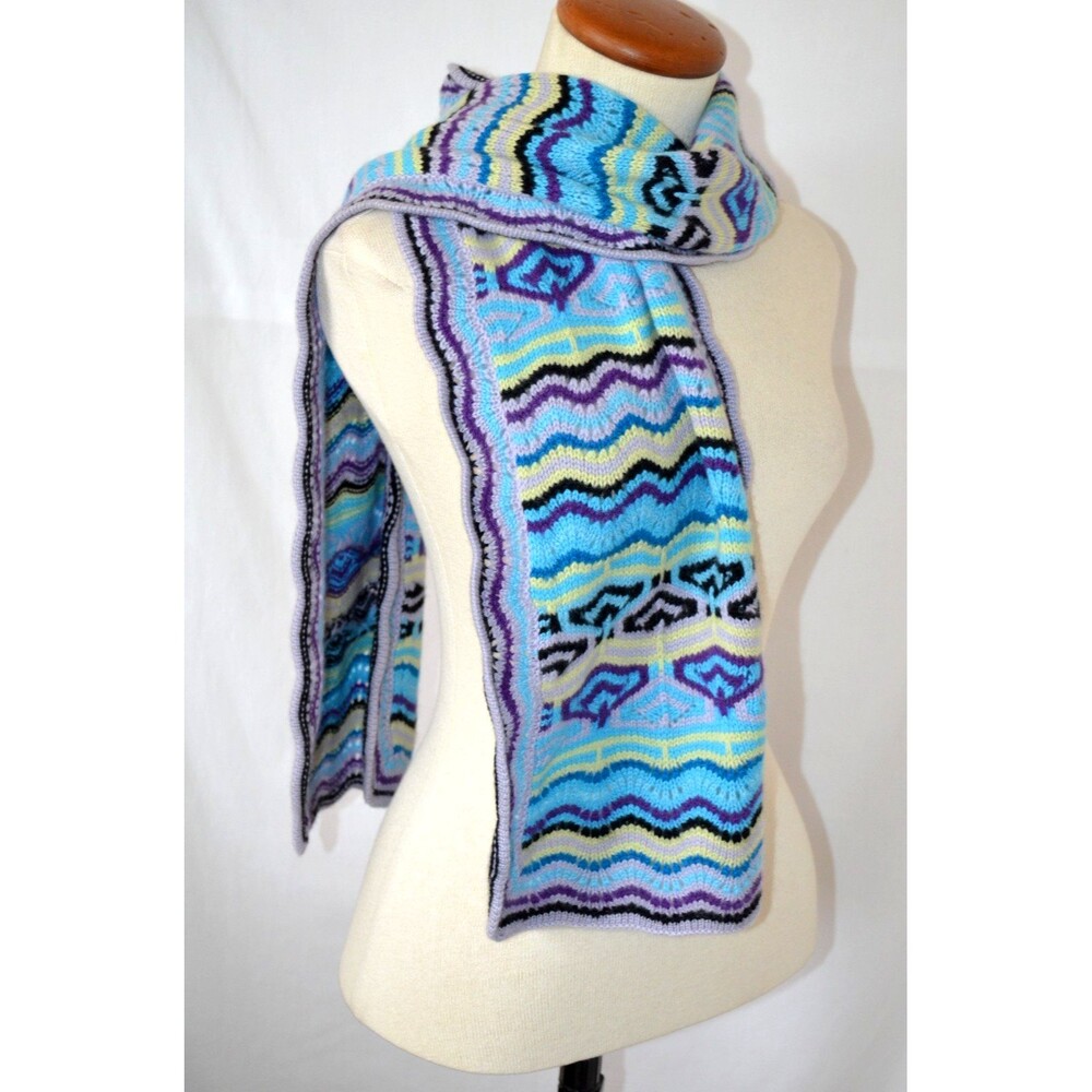 Nordstrom 100% Cashmere Knit Scarf Wavy Stripe Edge Purple  Aqua Yellow 62 x 10